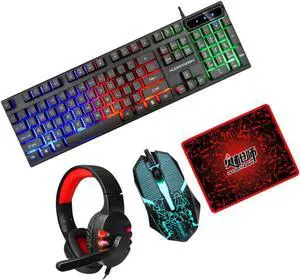 HOMSFOU Wired Keyboard and Mouse Gaming Mouse and Keyboard Backlit Headset Pad USB Computer Accessory
