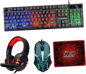 DOITOOL Ergonomic Keyboard Mouse Backlit Gaming Keyboard Mouse Pad and Headset Combo Wired for Home Office