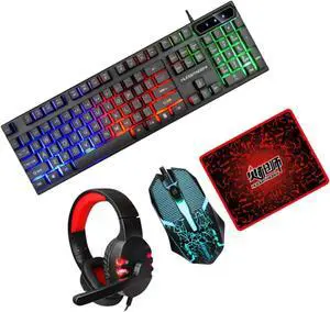 POPETPOP Ergonomic Keyboard and Mouse RGB Backlit Gaming Mouse Computer Accessories Headset and Mousepad