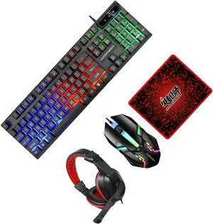 DOITOOL Gaming Keyboard Mouse Set Led Backlit Large Mouse Pad Headset Ergonomic Design