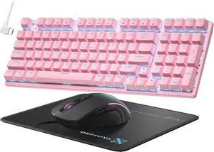 Mechanical Gaming Keyboard and Mouse, LED Backlit 98-Key Floating Keycap & 4 DPI RGB Gaming Mouse with Mouse Pad, Full Anti-Ghost Light Up Wired Computer Keyboards for MAC PC Gamer Accessories, Pink
