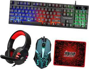 jojofuny Keyboard and Mouse Combo Ergonomic Backlit Keyboards Wired Mouse and Headset for Home Office Gaming
