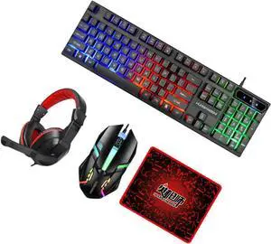 CAXUSD 1set Backlit Keys Wired Keyboard Mouse Headset Mouse Pad for Gaming and Office Use Ergonomic Design