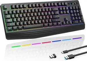 Wireless Gaming Keyboard, RGB & Single-Color Backlit, Full-Size Waterproof Computer Keyboard, Silent Keys, Wrist Rest, Sleep Mode, Rechargeable 2.4G Wireless Keyboardfor Windows, Mac, PC, Laptop