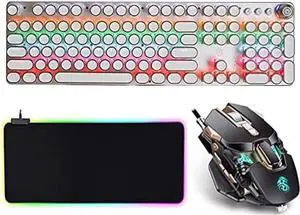 Mechanical Keyboard LED Backlit Retro Typewriter Gaming Keyboard and Mouse Mouse Pad Combo USB Keyboard -Blue Switch 104 Keys Vintage Inspired Steampunk,White