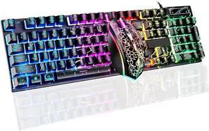 Wired Crack Rainbow Gaming Keyboard and Mouse Combo, 104 Keys Light Up Mechanical Feeling Computer Keyboard, Wired Gaming Keyboard and Mouse for PC MAC Xbox Gamer(Black)