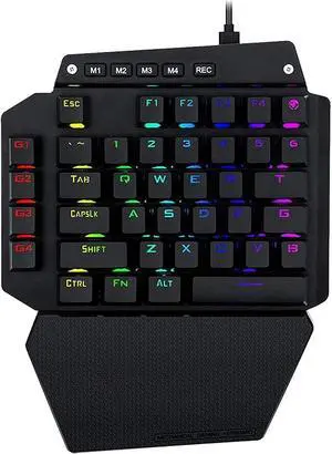 One Hand RGB Gaming Keyboard,USB Wired Rainbow Letters Glow Single Hand Keypad, with Wrist Rest Support Multimedia Keys, Backlit Ergonomic Mechanical Feeling
