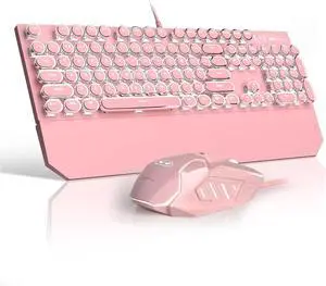 Retro Pink Typewriter-Style Keyboard and Mouse Combo, Cute Light Up Wired Mechanical Keyboard with Linear Red Switches, Full Size for Gaming, Work, Mac, PC, Windows
