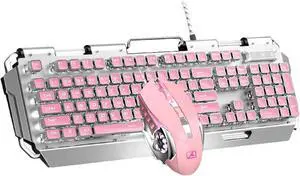 Punk LED Backlit Gaming Keyboard Mechanical Feel, Cute Pink Real Mechanical Keyboard Gaming Desktop Computer Girls, Pink Gaming Keyboard and Mouse Combo Wired, Suitable for Desktop Computer Keyboards
