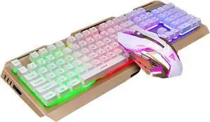 keeda Backlit Wired Mechanical Keyboard and Mouse Combo LED Gaming Keyboard Kit, 3200 Dots Per Inch 4 Button Mouse Wired for Gamer Computer Laptop Games (Gold+3-Color)