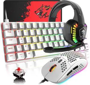 Mechanical Gaming Keyboard Honeycomb Mouse RGB Headset with Rainbow Backlight Ergonomic 62Key Layout Anti-Ghosting Adjustable Mic 6400DPI Mice Type-C Wired for PC MAC Gamer Typist(White/Red Switch)