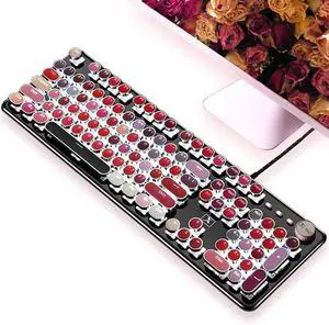 Pink Gaming Keyboard,Retro Typewriter SteamPunk, White Backlight, USB Wired,Blue Switches, Metal Panel,Ergonomic,for Game and Office PC Computer Desktop Laptop,Fashion Mechanical Keyboard (Dusty-Rose)