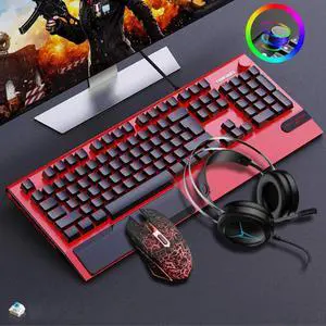 Gaming Keyboard and Mouse Combo with Headset, 104 Keys Blue Switch 100% Anti-ghosting, 3200 DPI Optical Mouse, Lighted Headset with Microphone, All-in-One Gaming Set for Windows PC (Red)