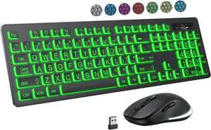 Large Print Wireless Keyboard and Mouse - 7 Colors Backlit Keyboard, Oversize Letters Keys Easy to See and Type, Rechargeable Keyboard and Mouse with Light Up Key, Compatible for PC, Windows, Gaming
