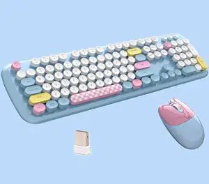 2.4G Full-Size Wireless Keyboard and Mouse Combo, Multi-Color Typewriter Style Round Keycap, Cute Candy Colors, Compatible with Notebook, PC (Blue)
