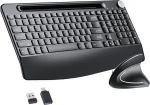 Full-Size Ergonomic Keyboard and Mouse, 2.4GHz Wireless Scissor Keys Keyboard and Vertical Mouse with Tablet Phone Holder, Wrist Rest for Computer Mac PC Laptop Chromebook