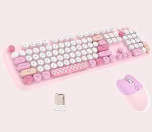 2.4G Full-Size Wireless Keyboard and Mouse Combo, Multi-Color Typewriter Style Round Keycap, Cute Candy Colors, Compatible with Notebook, PC (Pink-2)