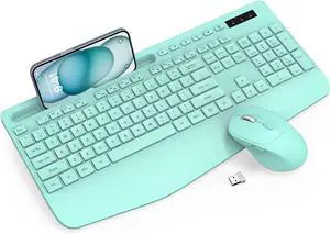 Wireless Keyboard and Mouse Combo - Full-Sized Ergonomic Keyboard with Wrist Rest, Phone Holder, Sleep Mode, Silent 2.4GHz Cordless Keyboard Mouse for Computer, Laptop, PC, Mac, Windows (Green)