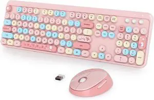 Fogruaden Pink Keyboard and Mouse Wireless, Retro Typewriter Keyboard, 2.4GHz 104 Keys Full Size Cute Keyboard with Number Pad, Pink Colorful Keyboard with Retro Round Keycaps for Windows PC Laptop