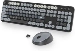 Fogruaden Black Keyboard and Mouse Wireless, Retro Typewriter Keyboard, 2.4GHz 104 Keys Full Size Cute Keyboard with Number Pad, Gradient Colorful Round Keycaps for Windows PC Desktops Laptop