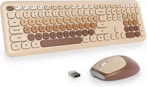 surmen Cute Keyboard and Mouse Wireless with Round Keys, Brown Retro Typewriter Keyboard 2.4GHz Full Size Slim Silent Aesthetic Keyboard for Home and Office(Colorful Gradient Brown)