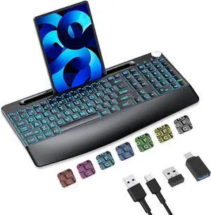 2.4G Wireless Large Print Keyboard with 7 Colored Backlits,Rechargeable,with Phone Holder &Wrist Rest, Lighted up Full Size Keyboard for Mac Windows Laptop PC, Black