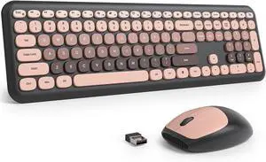Fogruaden Quiet Pink Wireless Keyboard and Mouse, 2.4GHz Retro Cute Typewriter-Style Full-Size Colorful Keyboard and Mouse Combo, Slim Design, Low-Noise Typing for Home, Office, Windows PC, Laptop