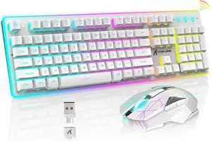 A.jAZZ Wireless Gaming Keyboard and Mouse Combo,12 RGB Chroma Backlit, Rechargeable 4200mAh Battery,Mechanical Feel Anti-ghosting Ergonomic 3200DPI Mice for Computer PC Gamer PS4 Xbox (White)