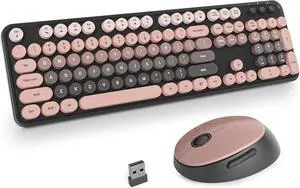 iRoboosta Black Colorful Wireless Keyboard and Mouse Combo Set, 2.4GHz Cute Typewriter Keyboard with Round Keycaps, Full Size with Number Pad, Home and Office Aesthetic Keyboards (Black Pink)