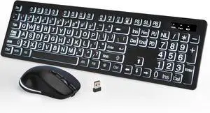 Large Print Wireless Keyboard and Mouse, 2.4G Full Size Keyboard and Mouse Set with Big Letters, Oversize Letters Keys Easy to See and Type, Rechargeable Keyboard and Mouse with Light Up Key
