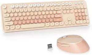 GTSP Colorful Brown Wireless Keyboard and Mouse Combo, Retro Typewriter Keyboard Wireless Full-Size Cute Office Keyboard 2.4GHz with Round Keycaps for Desktop Laptop and PC (Cute Brown)