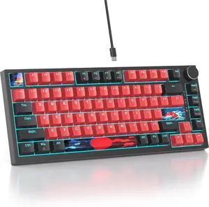 Mosptnspg 75% TKL Wired Mechanical Keyboard,RGB Backlit Gasket Mount 82 Key Hot Swappable Custom Linear Red Switch Gaming Keyboard with Volume Knob & PBT Keycaps (82 Black Red)