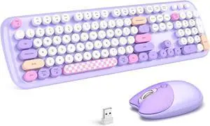 Retro Wireless Keyboard and Mouse Combo, SQMD 2.4G Typewriter Keyboard with Round Colorful Keycaps, Full-Size Office Keyboard and Quiet Mouse for Windows PC, Home, Office, and College - Purple