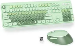 GTSP Typewriter Colorful Green Wireless Keyboard and Mouse Combo, 2.4GHz Full-Size Retro Cute Office Computer Keyboard with Round Keycaps for Desktop Laptop and PC (Colorful Green)