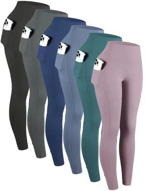 6pcs High Waisted Yoga Leggings With Pockets For Women, Sport Workout Leggings