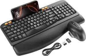Wireless Keyboard and Mouse Combo, Ergonomic Wave Keys, Cushioned Plam Rest, Rechargeable, Phone Holder, Natural Typing, 2.4G Lag-Free