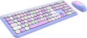 Wireless Keyboard and Mouse Combo, 2.4GHz Full-Sized Colorful Cute Keyboard Mouse Set with Retro Typewriter Flexible Round Keys for Windows, Computer, Laptops