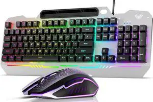 T102 104 Keys Gaming Keyboard and Mouse Combo with RGB Backlit Number Pad, All-Metal Panel Waterproof Light Up PC Keyboard