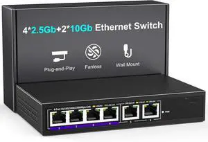 10Gbe Ethernet Switch Unmanaged with 2 x 10Gb RJ45 Ports  4 x 2.5Gb Base-T Ports, Desktop/Wall Mount 6 Port 10Gbps Network Switch for Wireless AP, NAS, PC