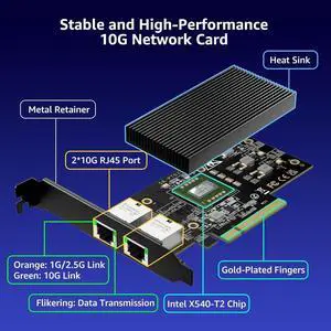 10G PCI-E Network Card with 10Gbps Dual RJ45 Ports, Intel X540-T2 Conrtoller, 10Gb Ethernet Adapter Card Compatible with PCI Express X8, X16, Support Windows/Windows Server/Linux/VMware