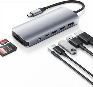 USB-C Hub, 7-in-1 Multiport Adapter - USB Docking Station with 4K HDMI, USB-C PD 3.0 Port, 2 x USB-A 3.1 Ports, SD Card & MicroSD Card Slots, & 3.5mm Audio Jack for MacBook, Air, iPad Pro, XPS