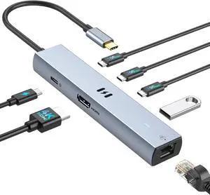 10Gbps USB C Hub Multiport Adapter, Ethernet Adapter with 4K@60Hz HDMI, Gigabit Ethernet, 3 USB C Ports, 100W PD, USBC Dongle for MacBook Pro Air, iPad, HP, Dell, etc
