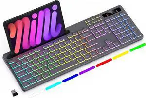 Wireless Keyboard with 7-Color RGB Backlit, Full-Size Computer Keyboard with Phone Tablet Holder, 2.4G Rechargeable Gaming Keyboard with Light Up Keys, Compatible with Mac, Windows (Grey)