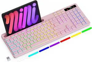 Wireless Keyboard with 7-Color RGB Backlit, Full-Size Computer Keyboard with Phone Tablet Holder, 2.4G Rechargeable Gaming Keyboard with Light Up Keys, Compatible with Mac, Windows (Pink)