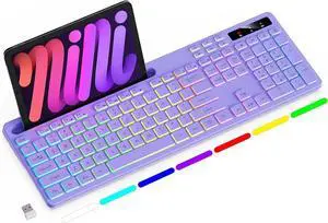 Wireless Keyboard with 7-Color RGB Backlit, Full-Size Computer Keyboard with Phone Tablet Holder, 2.4G Rechargeable Gaming Keyboard with Light Up Keys, Compatible with Mac, Windows (Purple)