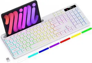 Wireless Keyboard with 7-Color RGB Backlit, Full-Size Computer Keyboard with Phone Tablet Holder, 2.4G Rechargeable Gaming Keyboard with Light Up Keys, Compatible with Mac, Windows (White)