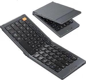 Foldable Compact Keyboard, XK04 Portable Bluetooth Keyboard with PU Leather Cover, Pocket-Sized Wireless Travel Keyboards for iPad, iPhone, Smartphone, Tablet and Laptop- Gray