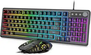 Gaming Keyboard and Mouse Combo - RGB Backlit 14 Lighting Effects, USB Wired Computer Keyboard, 26-Key Anti-Ghosting, Volume Wheel, Quiet Typing, Adjustable DPI Mouse for Gaming & Work