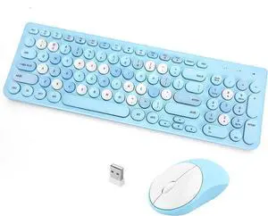 Wireless Keyboard and Mouse Combo, Retro Typewriter Keyboard with Round Keycaps, 2.4GHz USB Cute Wireless Keyboard Mouse for Computer, Desktop, Laptop (Blue Colorful)