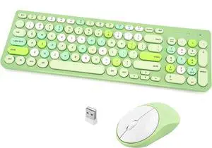 Wireless Keyboard and Mouse Combo, Retro Typewriter Keyboard with Round Keycaps, 2.4GHz USB Cute Wireless Keyboard Mouse for Computer, Desktop, Laptop (Green Colorful)